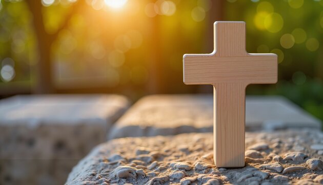Wooden cross illuminated by golden light on aged stone surface, spirituality