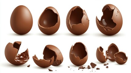 Fototapeta premium Chocolate eggs set. Isolated whole, broken, exploded, cracked and open brown eggs collection. Realistic sweet chocolate candy dessert icons. Vector Easter holiday celebration concept