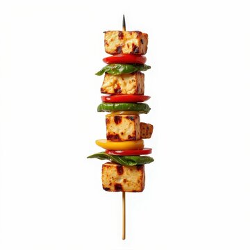 Skewered Grilled Cheese Vegetable Kebab Culinary Delight Food Photography Isolated White Backdrop