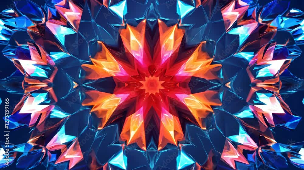 Poster a colorful design with a red center and blue and orange surrounding it. the design is made up of man