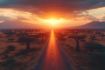 Fototapeta premium Stunning African Sunset Over Baobab-Lined Road with Vibrant Sky