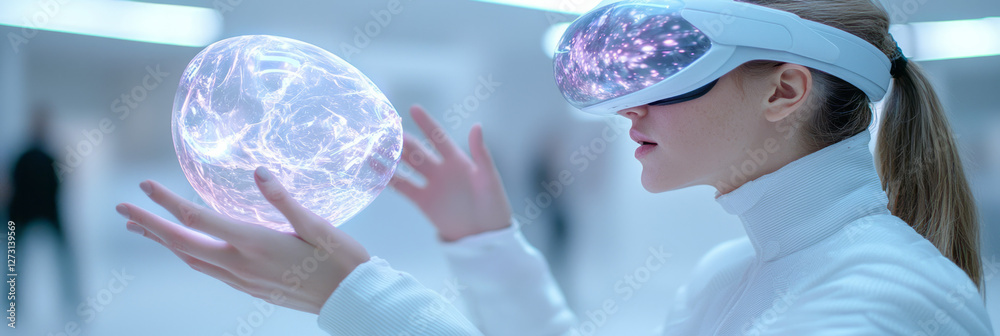 Poster high-contrast close-up focusing on a person wearing ar goggles while interacting with an