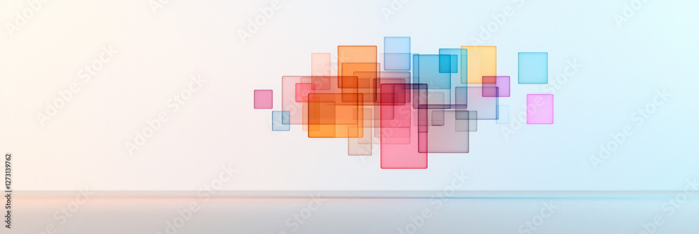 Poster clean, high-key photograph of a code snippet emerging into colorful geometric shapes, representing