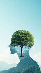 Double exposure of human head silhouette with tree growing inside, symbolizing mental growth, mindfulness, environmental consciousness. A conceptual representation of knowledge, nature, inner peace