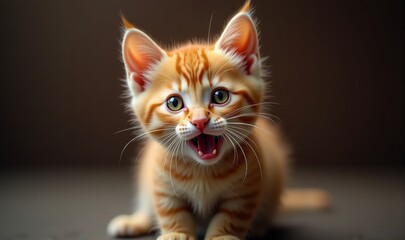 Obraz premium Adorable orange kitten with expressive eyes and an open mouth, perfect for pet-related projects, blogs, or advertisements focused on pets and animal care.