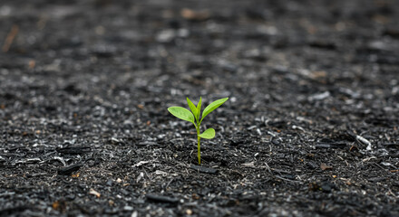 Single Green Sprout Emerging from a Field of Blackened Ash After a Wildfire