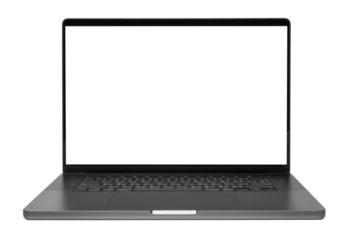 Laptop or notebook with blank screen isolated with clipping path on transparent background.