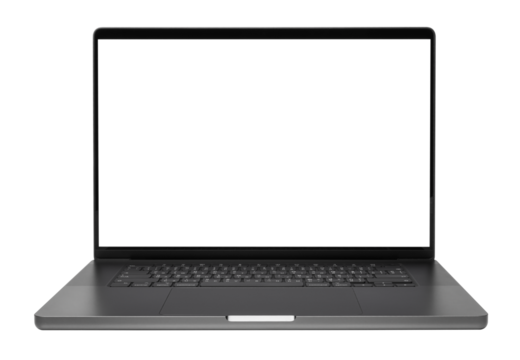 Laptop or notebook with blank screen isolated with clipping path on transparent background.