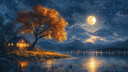 Fototapeta premium Serene night landscape with a glowing moon over a tranquil lake and cozy cabin