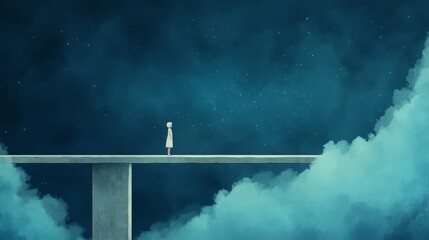 Obraz premium Anime girl on a bridge under a dark sky, gazing at faint stars through thick clouds, evoking a melancholic and peaceful atmosphere.