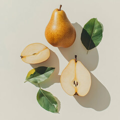 
A realistic photograph of two whole and one sliced pear with green leaves, isolated on a white background.