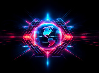 Obraz premium A glowing globe of planet Earth, with America visible, is encased in a geometric hexagon of vibrant neon red and blue lines against a dark backdrop.