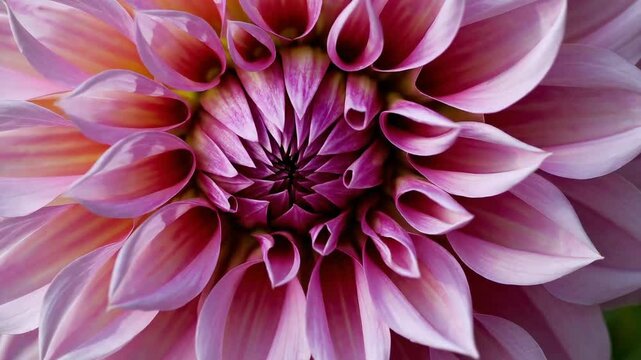A stunning macro shot of a fully bloomed pink dahlia, showcasing intricate petal details with soft gradients of color. The flower's symmetry and delicate textures create a mesmerizing natural pattern.