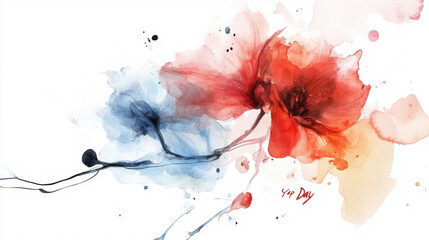 Naklejka premium Yap Day Watercolor red and blue flowers with abstract ink splatters on white background