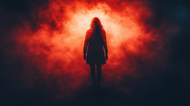 Woman silhouette, red fog, dark background, horror theme, movie poster