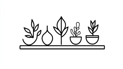 Minimalist plant shelf decor, indoor plants, simple line art, white background, home decor