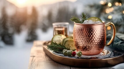 National Moscow Mule Day Winter cocktail scene with copper mule mug and snowy forest background