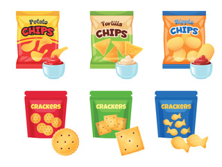 Cartoon snack packs. Bags of chips and crackers, dry appetizers for beer, potato, embossed, nachos, different types of sauces assortment, colorful packaging, unhealthy meal vector isolated set