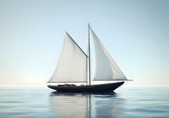 
A luxurious sailboat sailing on the open sea, with white sails billowing in the wind against a clear blue sky.