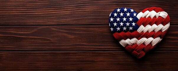 Fototapeta premium American Flag Heart Crafted on Rustic Wooden Tabletop Patriotic Symbol of Unity and Love Decor
