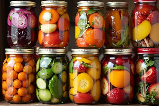 Assorted Colorful Preserved Fruits and Vegetables in Glass Jars - Powered by Adobe