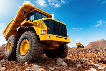 Fototapeta premium Heavy duty dump truck working on construction site industrial machinery earthmoving outdoor wide angle efficiency in action