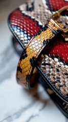 Luxury snakeskin handbag with colorful pattern and gold buckle on marble surface