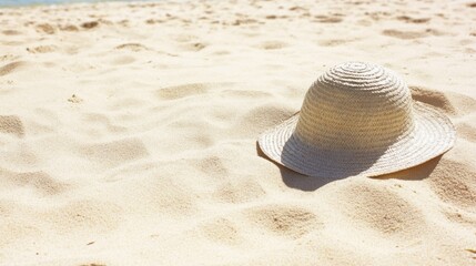 Serene beach scene with straw hat on sand for summer relaxation. Straw Hat Month