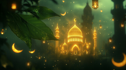 Golden Mosque Surrounded by Magical Lanterns During an Ethereal Night