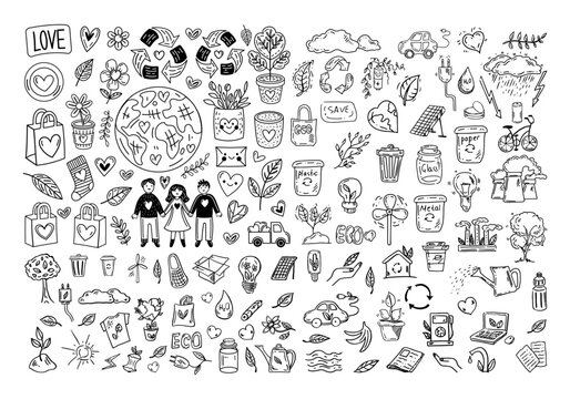 Eco doodle set with planet, recycling, energy, sustainability, environment, conservation, minimalism, green, hand drawn, outline