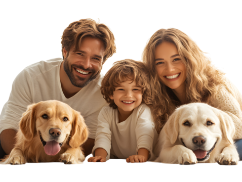 Happy Family Portrait with Golden Retriever Dogs on transparent background