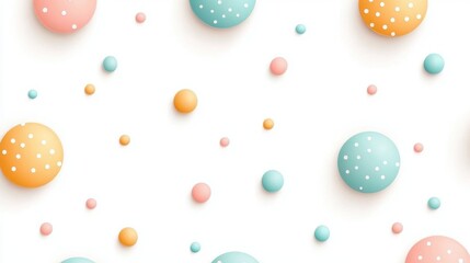 A playful arrangement of pastel-colored spheres in pink, orange, and blue with white polka dots, set against a clean white background, This image is ideal for backgrounds, invitations