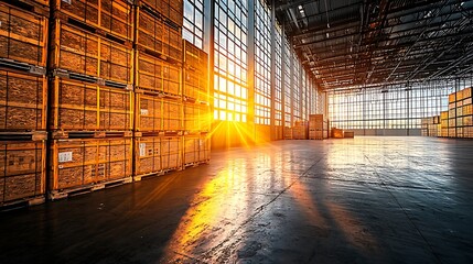 A giant warehouse filled with export materials, stacks of crates ready for shipment, the warm glow of sunlight through large windows creating dynamic shadows, clean, efficient design