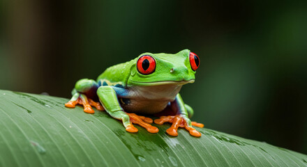 Vibrant Red-Eyed Tree Frog Resting on a Lush Tropical Leaf in Costa Rica