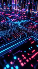 Obraz premium Futuristic Digital Circuit Board Design with Neon Lights and Abstract Patterns