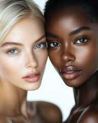 Fototapeta premium Two naturally beautiful women, one blonde one brunette and dark-skinned, face and shoulders up, no makeup and radiant beautiful skin,