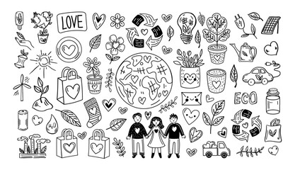 Eco friendly doodle set with earth, plants, recycling, hearts, people, nature, outline illustration