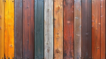 A vibrant wooden plank background showcasing a mix of warm colors and textures, This image is ideal for design projects, rustic themes, or as a backdrop in marketing materials,