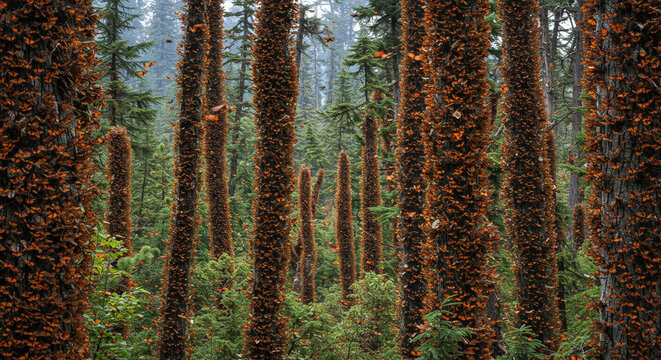 Thousands of Monarch Butterflies Clinging to Oyamel Fir Trees in a Mexican Overwintering Sanctuary