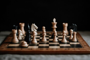 Intricate chess match unfolds, showcasing strategic moves on bea