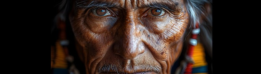 Weathered Face of a Revered Native American Elder Framed by Glowing Tribal Beadwork and Patterns