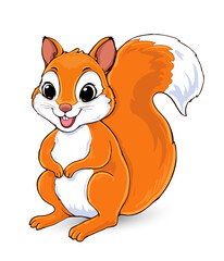 Cartoon squirrel with bright orange tail. Large, expressive eyes and a wide smile.The squirrel stands upright on its hind legs, with arms held slightly forward. © flowerstock