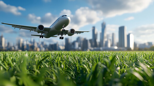 Sustainable aviation fuels and green airport designs revolutionizing air travel in urban landscapes aerial perspective environmental innovation