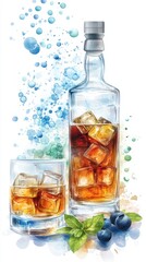 Refreshing whiskey and ice with berries and artistic watercolor splash for beverage design. Whiskey Day