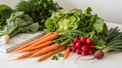Fresh Organic Vegetables Including Carrots, Radishes, Greens, and Lettuce