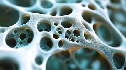 Intricate bone structure subtly illuminated revealing porous texture and teal-white color palette.. AI Generated