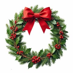 Festive Holiday Wreath with Red Bow Celebration Evergreen Arrangement and Berries Decor