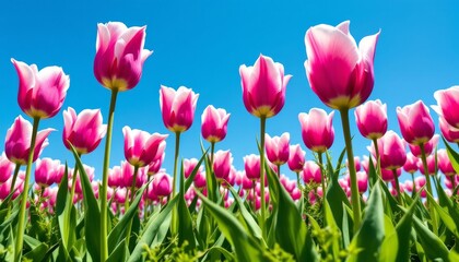 Pink and white tulips bloom under a vibrant blue sky