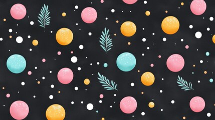 A vibrant, abstract pattern featuring colorful circles and leaves against a dark background, suitable for wallpapers, greeting cards, and promotional materials
