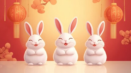 Obraz premium Mid autumn bunny. Chinese festival, rabbit modern character set. Asian funny flat holiday animals, oriental moon fest vector illustration